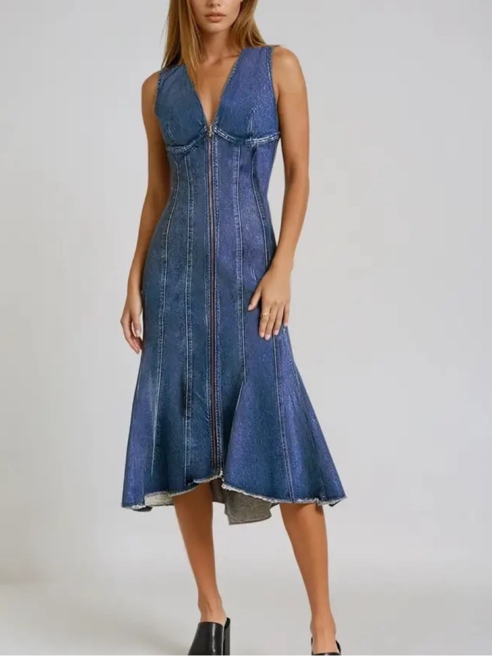 Wisteria Lane Paneled Denim Midi Dress, size Large